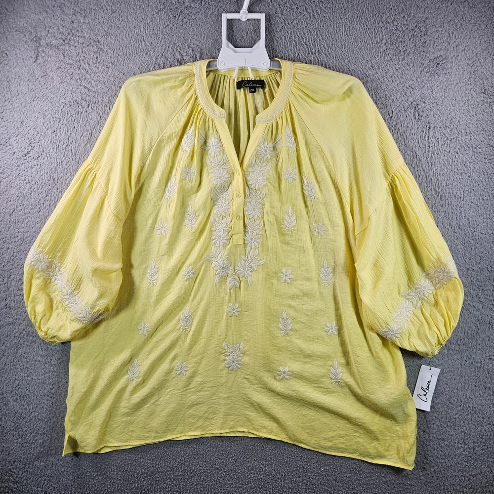 NEW Calessa Embroidered Top Blouse‎ Women 2X White Floral Split Neck Yellow